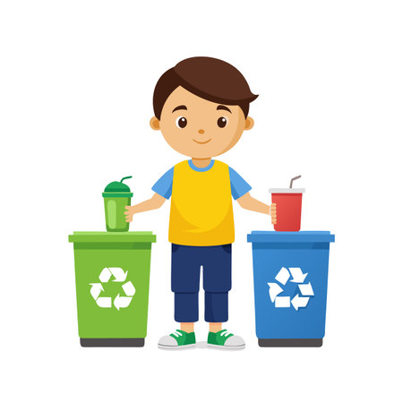 Young boy segregating waste into recycling bins, teaching environmental awareness and responsibility.のイラスト素材