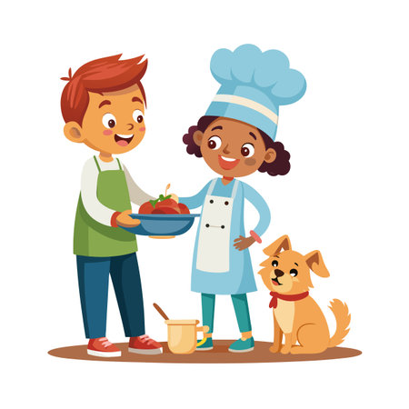 Children Cooking Together: A Boy and Girl Dressed as Chefs With Their Dogのイラスト素材