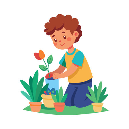 A young boy plants a flower into a pot in his garden illustrationのイラスト素材