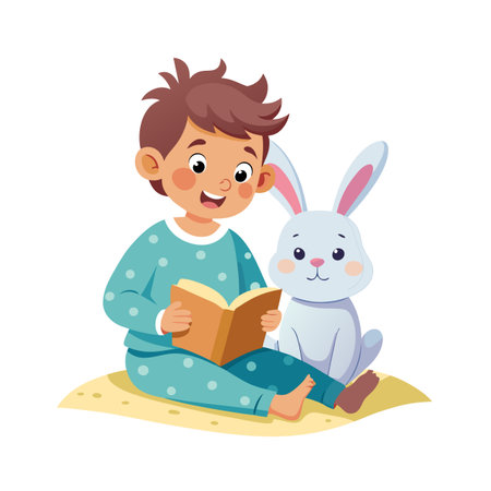 Young boy reading a book with his stuffed bunny friend before bedtime bedtime storyのイラスト素材