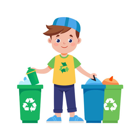 Boy sorting waste into different colored recycling bins, promoting environmental awareness and responsible waste managementのイラスト素材
