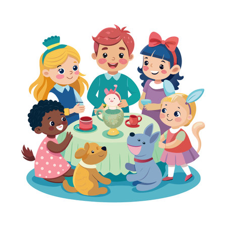 Children and their anthropomorphic pets having a tea party isolated on white background illustrationのイラスト素材
