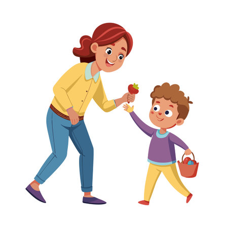 Cheerful mother shares a candy apple with her son during a playful exchangeのイラスト素材
