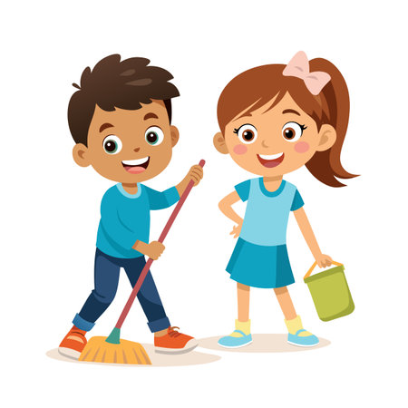 Cartoon boy sweeping floor with broom while girl holds bucket isolated on whiteのイラスト素材