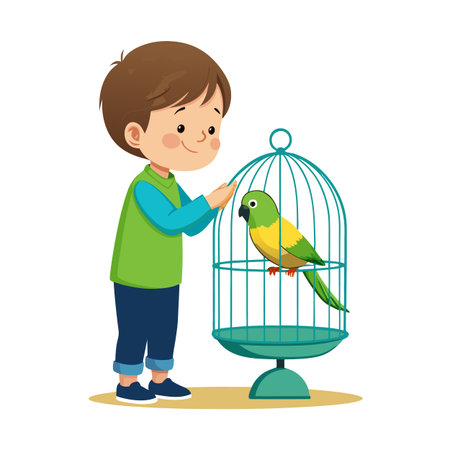 Boy interacting with pet bird in a cage showing a loving relationship illustrationのイラスト素材