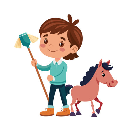 Cartoon Boy Grooming Pony with Brush: A Whimsical Illustration of Childhood and Pet Careのイラスト素材