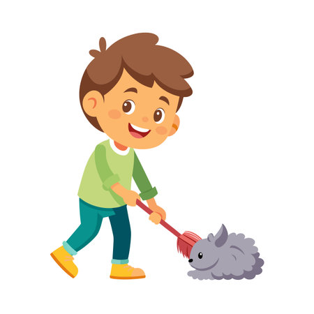 Boy Cleaning with Dust Mop: An Illustration of Childhood Chores and Responsibilityのイラスト素材