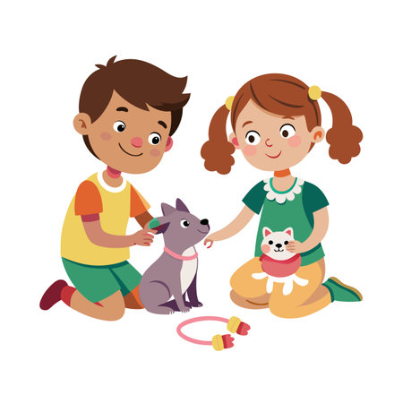 Children Playing with Pets: A Boy and Girl with Dog and Toy Cat Enjoying Timeのイラスト素材