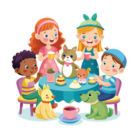 Illustrative children's tea party with stuffed animals featuring diverse characters in playful settingのイラスト素材