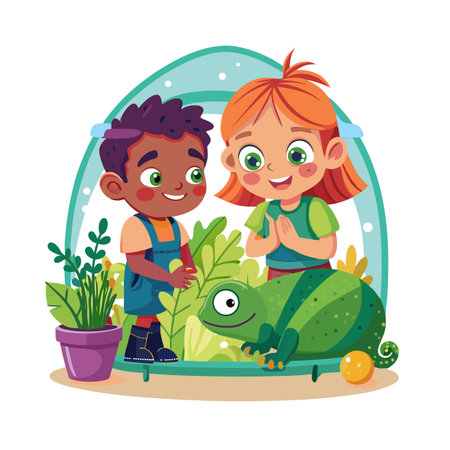 Children Observing a Pet Chameleon in Terrarium Filled with Lush Plants and Decorative Elementsのイラスト素材