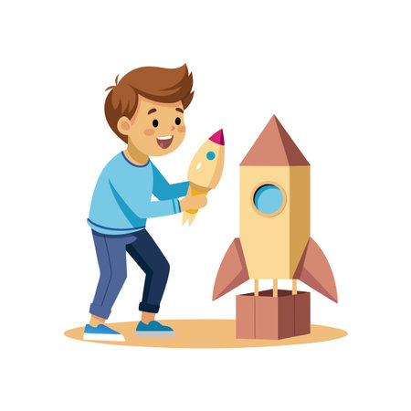 Young boy playing with toy rockets constructing a larger rocket model, dreaming of spaceのイラスト素材