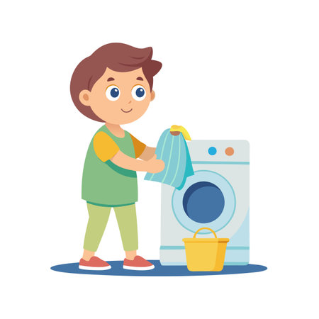 A cute boy helps with laundry day holding a towel by the washing machineのイラスト素材