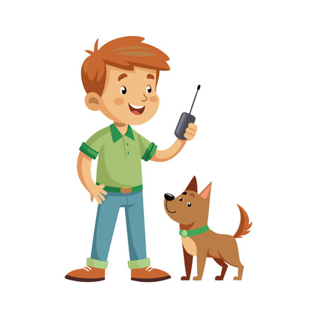 Cartoon boy playing with a toy remote control car, with his dog watchingのイラスト素材