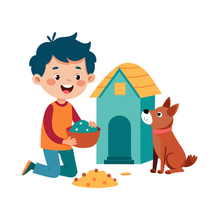 Happy Child Feeding His Dog Near a Dog House in a Flat Cartoon Styleのイラスト素材