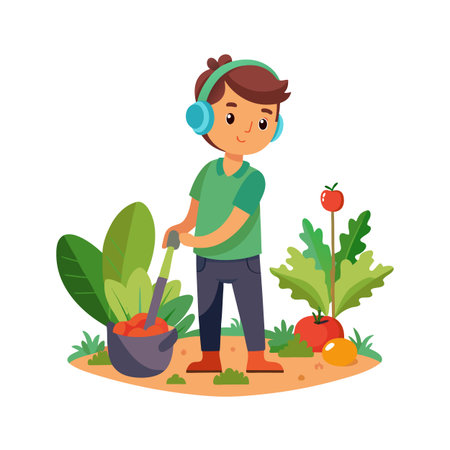 Boy with headphones gardening organic vegetables and listening to music with a garden shovelのイラスト素材