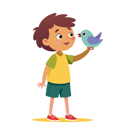 Young boy holding a cartoon bluebird on his finger, symbolizing friendship and connection with natureのイラスト素材