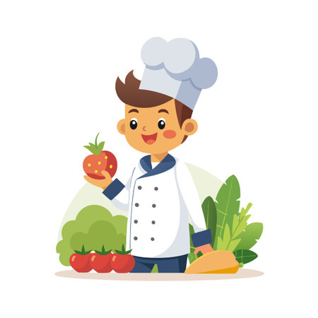 Cheerful chef holding a tomato with fresh vegetables illustration on a white backgroundのイラスト素材