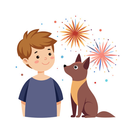 Cartoon style illustration featuring boy with his dog looking at festive fireworks displayのイラスト素材