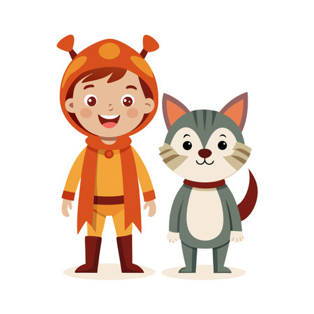 Cartoon boy in alien costume and cartoon cat character standing side by side cheerfullyのイラスト素材
