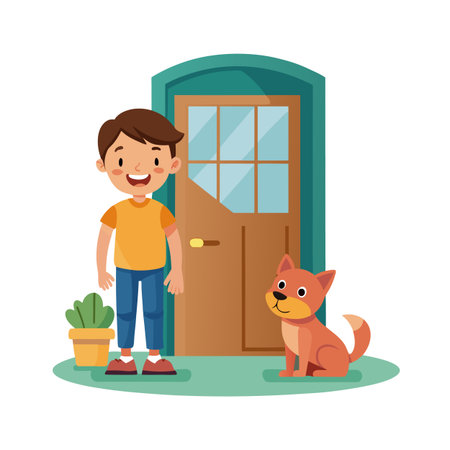 Cartoon illustration of a happy boy and his dog in front of a house doorのイラスト素材