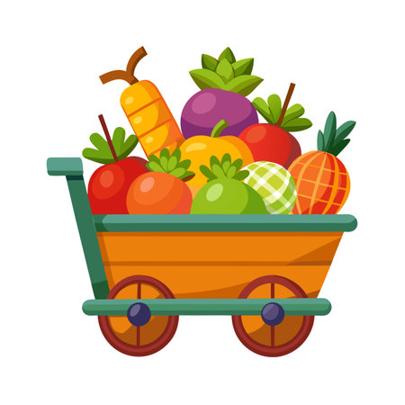 Cartoon shopping cart filled with fresh fruits and vegetables in vibrant colors, isolatedのイラスト素材