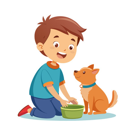 Happy boy prepares green food bowl for expectant orange dog in a cartoon illustrationのイラスト素材