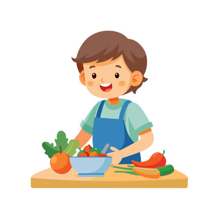 Happy young boy preparing a healthy vegetable salad with fresh ingredients, illustration styleのイラスト素材