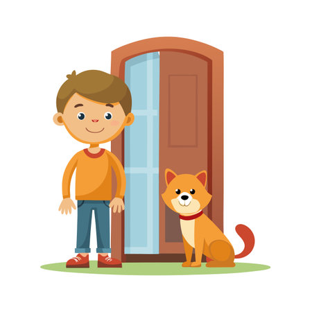 Boy and dog near door illustration for childhood education and heartwarming family time conceptのイラスト素材