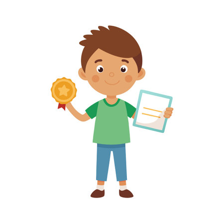 Illustrative Boy Holds Medal and Certificate for Achievement in Flat Design Isolatedのイラスト素材