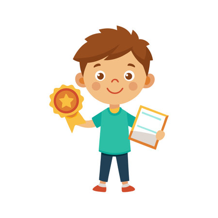 Cartoon boy holding a gold star award medal and a blank sheet of paperのイラスト素材