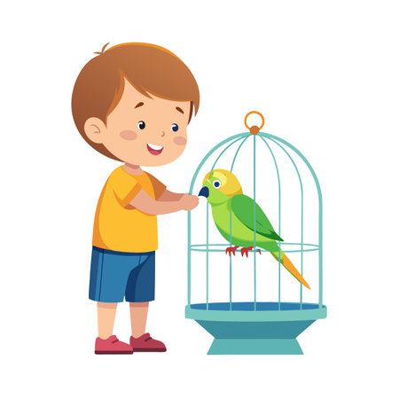 Cartoon boy feeding a bright green parrot inside a vintage blue birdcage illustrationのイラスト素材