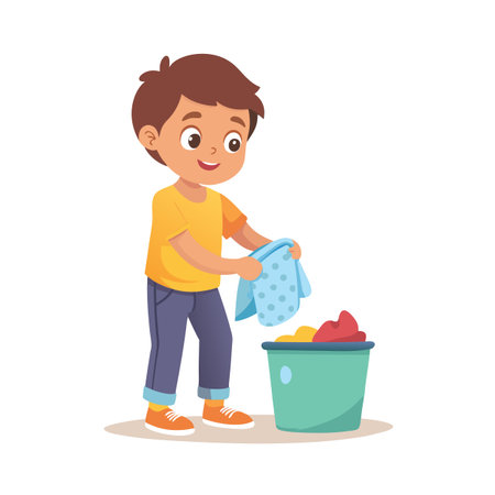 Young boy doing laundry, holding a towel over a basket full of clothesのイラスト素材
