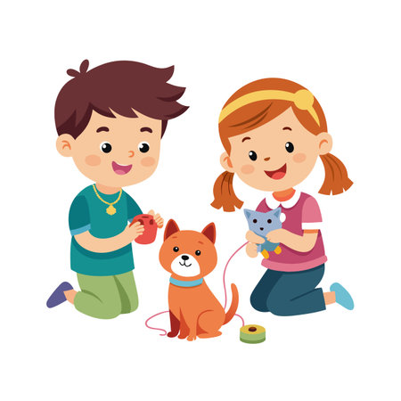 Brother and sister play with an orange cat and toy cat on white backgroundのイラスト素材
