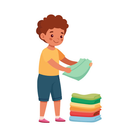 A boy folding clothes, tidying up with a stack of colorful neatly folded garmentsのイラスト素材