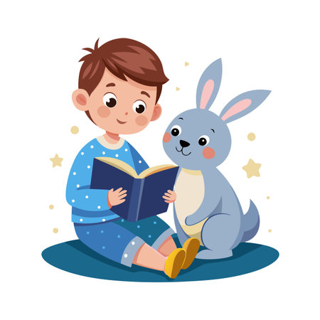 Illustration of a boy reading a book to a stuffed rabbit toy friend surrounded by starsのイラスト素材