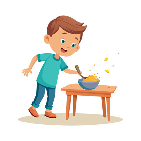 Enthusiastic young boy with cereal and spoon creating a breakfast time messのイラスト素材