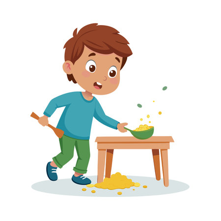 Cartoon boy spilling food from bowl on table, creating a messy situation imageのイラスト素材