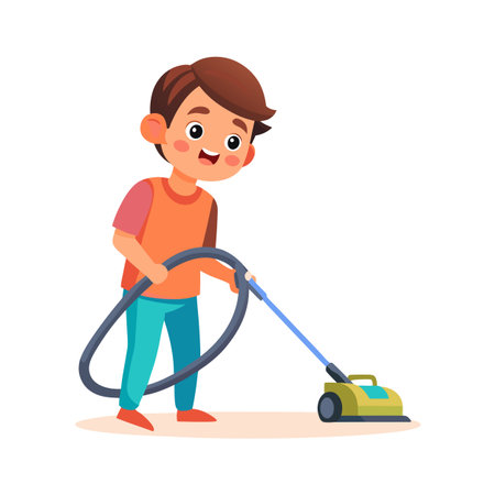 Cartoon style boy vacuuming the floor with a vintage vacuum cleaner cheerfully smilingのイラスト素材
