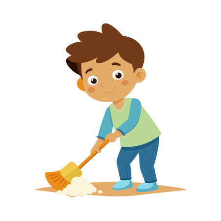 Happy boy with brown hair sweeps floor with broom in cute cartoon illustrationのイラスト素材