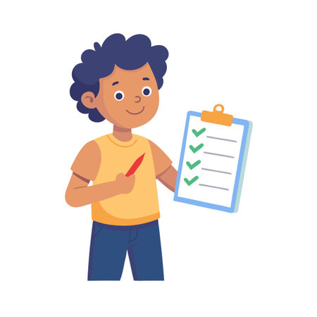 Young boy holding a checklist with green checkmarks and a red marker, isolatedのイラスト素材