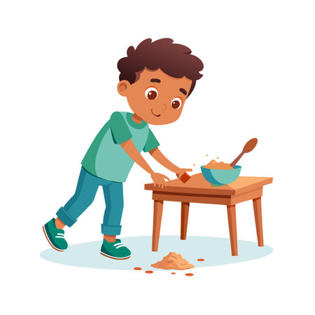 Cartoon boy spills food on a table, creating a messy but endearing sceneのイラスト素材