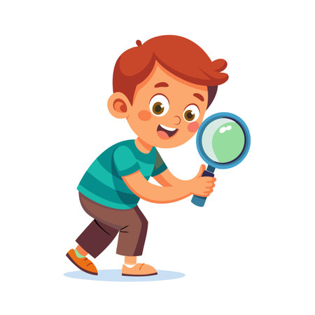 Cartoon boy exploring with a magnifying glass in a colorful vector illustration formatのイラスト素材