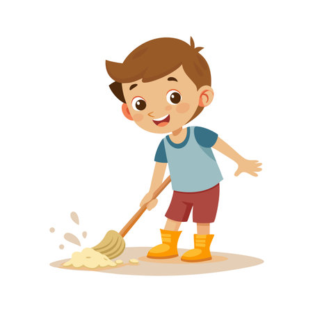 Cartoon boy cleaning up a spill with a mop, demonstrating responsibility and household choresのイラスト素材