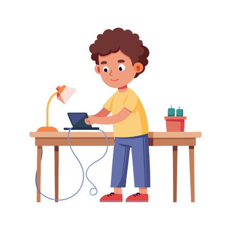 Illustration of a young boy using a laptop at a desk with lamp and decorのイラスト素材