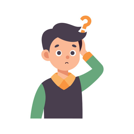Illustration of a confused boy scratching his head with a question mark above itのイラスト素材