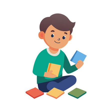 Happy young boy sitting cross-legged surrounded by colorful books, learning and reading at homeのイラスト素材
