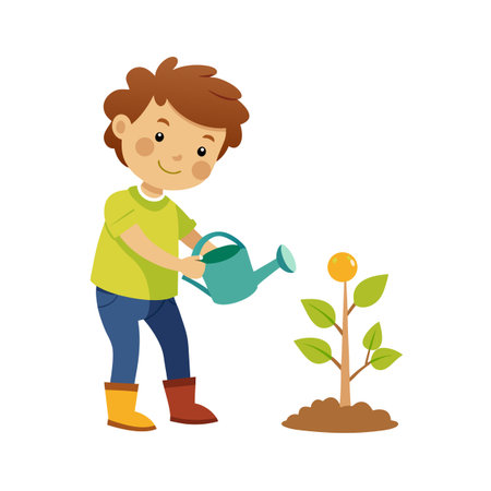 Illustration of a young boy watering a newly planted tree seedling in a gardenのイラスト素材