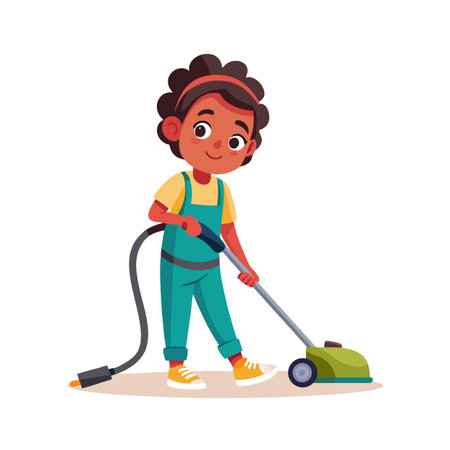 Illustration of a cheerful young girl diligently operating a floor cleaning machine on a white backgroundのイラスト素材