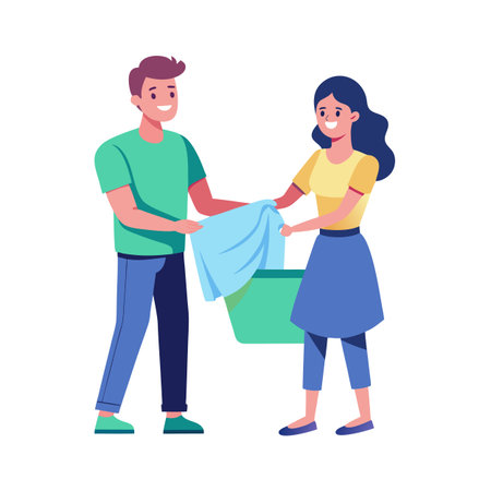 Couple doing laundry together, holding a towel, isolated on white background for advertisingのイラスト素材
