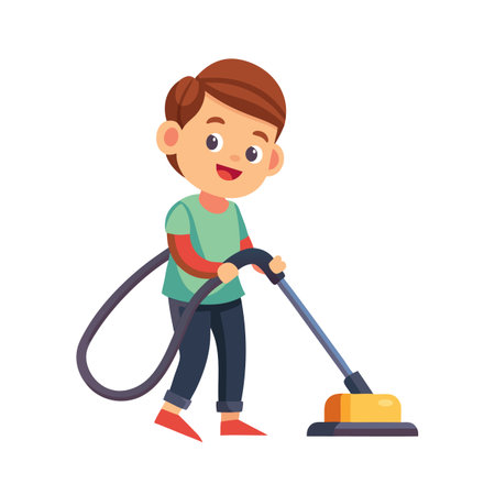 Cartoon boy cleaning with vacuum cleaner on white background promoting household chores conceptのイラスト素材